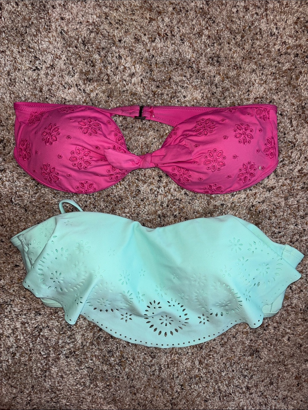 Pink and Mint Eyelet Bikini Tops - Bandeau & Ruffle Styles
